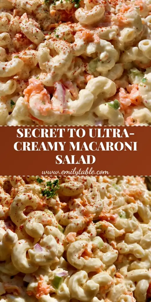 A close-up of ultra-creamy macaroni salad in a rustic ceramic bowl with paprika and parsley garnish.