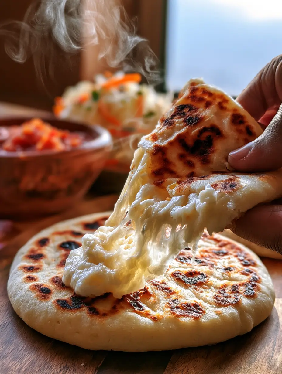 First-person view of hands pulling apart a hot pupusa with a massive, stretchy quesillo cheese pull. (pupusas recipe)