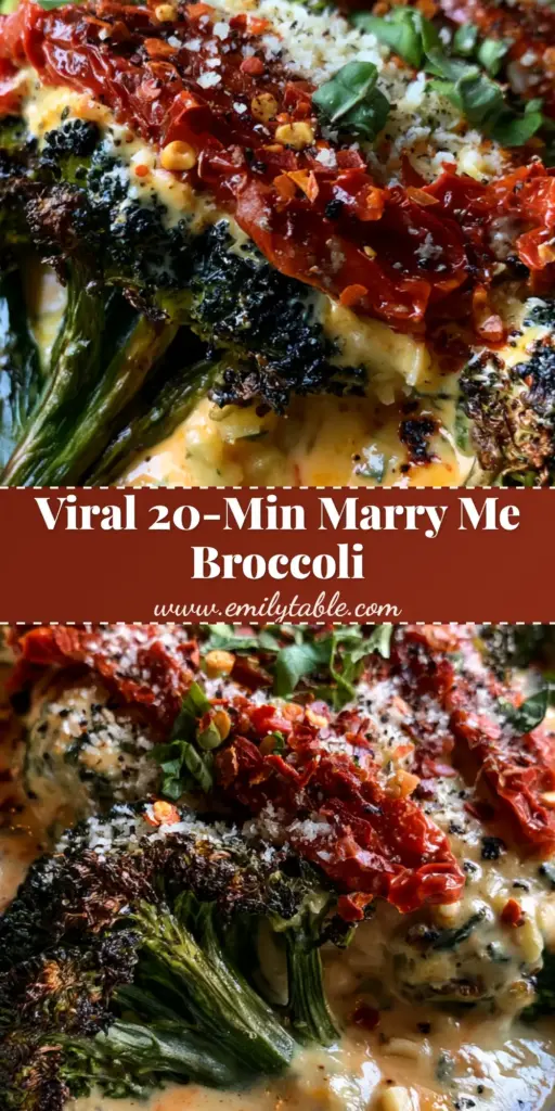 A close-up shot of Marry Me Broccoli in a white dish, showing charred florets, creamy orange sauce, and fresh basil.