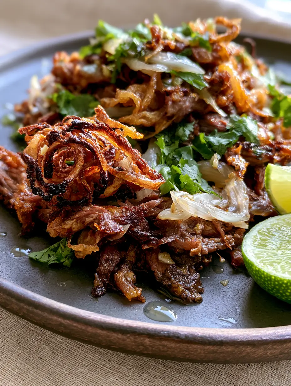 Extreme macro close-up of vaca frita showing the deep mahogany charred edges of shredded flank steak and a garlic oil sheen.