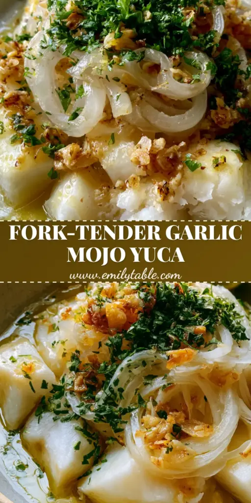 A shallow clay bowl filled with steaming, waxy ivory-white yuca chunks drenched in golden garlic-lime oil and topped with translucent onion rings. (Yuca con Mojo)