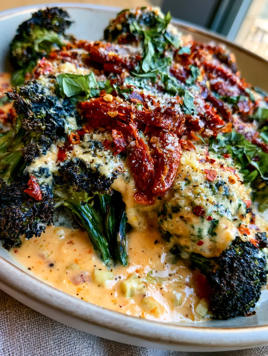 Extreme close-up of roasted Marry Me Broccoli florets with crispy dark charred edges and glossy cream sauce.
