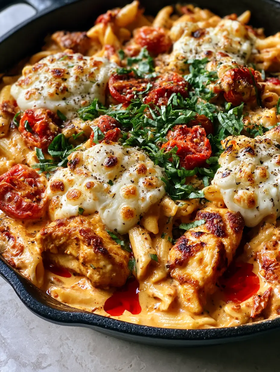Close-up of seared chicken and penne in a glossy pale-orange sun-dried tomato sauce with blistered tomatoes. (Chicken Mozzarella Pasta)