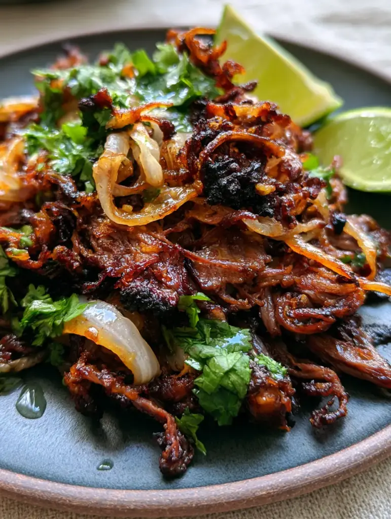 A detailed shot of shredded vaca frita tossed with translucent white onions and fresh chopped cilantro on a matte grey plate.