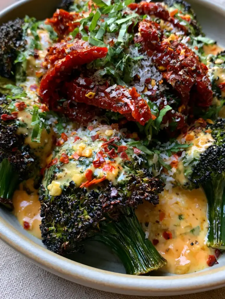 Handheld smartphone photo of Marry Me Broccoli topped with julienned sun-dried tomatoes and melting parmesan.