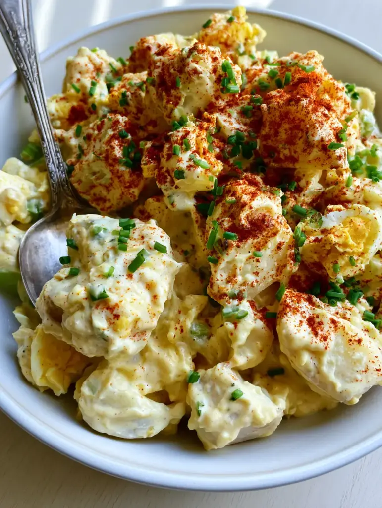 Extreme close-up of southern potato salad showing clean-edged potato cubes, egg chunks, and bright green chives garnish.