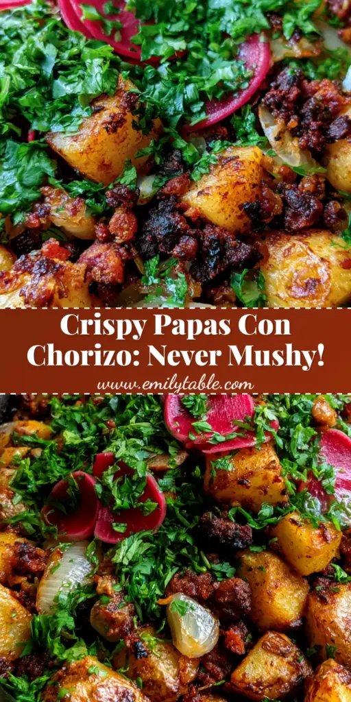 Papas con Chorizo: The Ultimate Crispy Mexican Potato and Sausage Recipe 4 A close-up overhead shot of a cast iron skillet filled with crispy Papas con Chorizo, garnished with radishes and lime juice droplets.