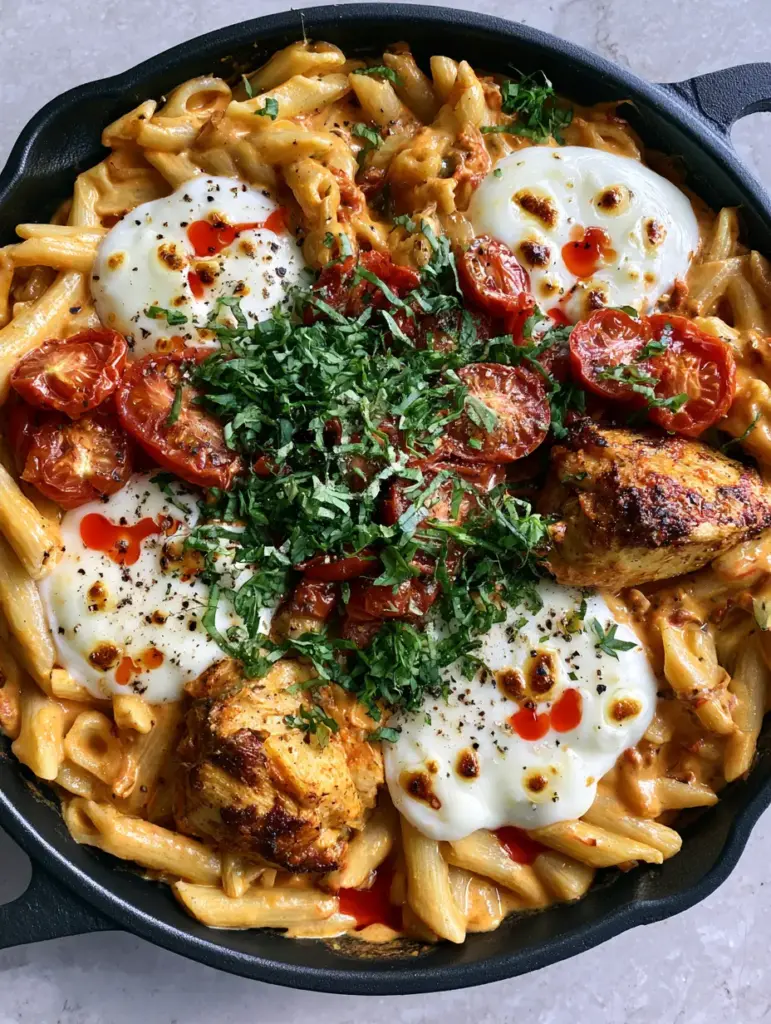 Rustic cast iron skillet filled with Chicken Mozzarella Pasta, highlighting molten cheese and bright green basil.