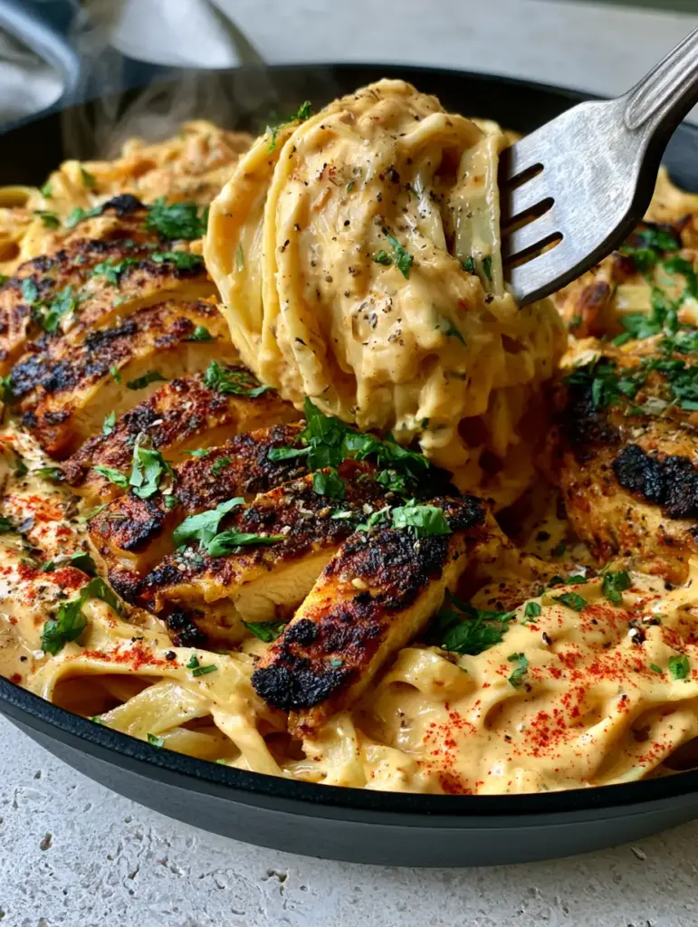 Cajun Cream Cheese Alfredo: The Ultimate Velvety Spiced Pasta 2 Close up of pale-orange Cajun Cream Cheese Alfredo sauce dripping from a fork in a matte black cast iron skillet.