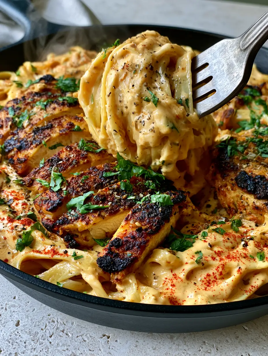 Cajun Cream Cheese Alfredo: The Ultimate Velvety Spiced Pasta 4 Close up of pale-orange Cajun Cream Cheese Alfredo sauce dripping from a fork in a matte black cast iron skillet.