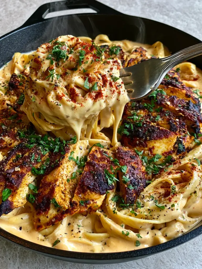 Cajun Cream Cheese Alfredo: The Ultimate Velvety Spiced Pasta 1 Blackened chicken breast slices layered over creamy Cajun Alfredo pasta with steam rising.