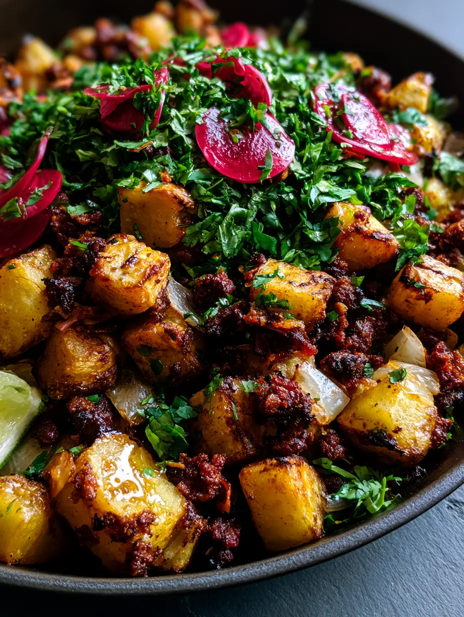 Papas con Chorizo: The Ultimate Crispy Mexican Potato and Sausage Recipe 3 Macro top-down view of charred Mexican chorizo and golden cubed potatoes in a black skillet with cilantro. (Papas con Chorizo)