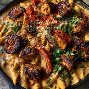 Macro photo of penne pasta submerged in glossy orange Cajun alfredo sauce with charred andouille sausage.