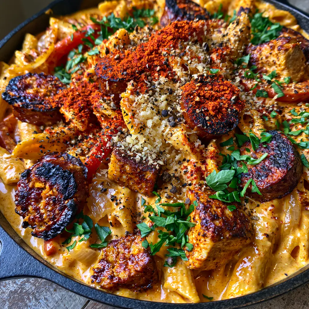 Sautéed red bell peppers and translucent onions tucked into Cajun Chicken and Sausage Alfredo.