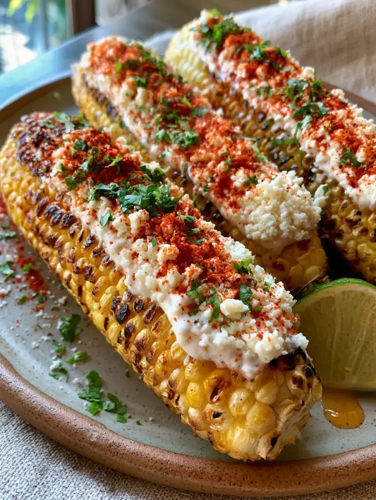 Three ears of Mexican street corn on a rustic ceramic plate with lime wedges and cilantro.