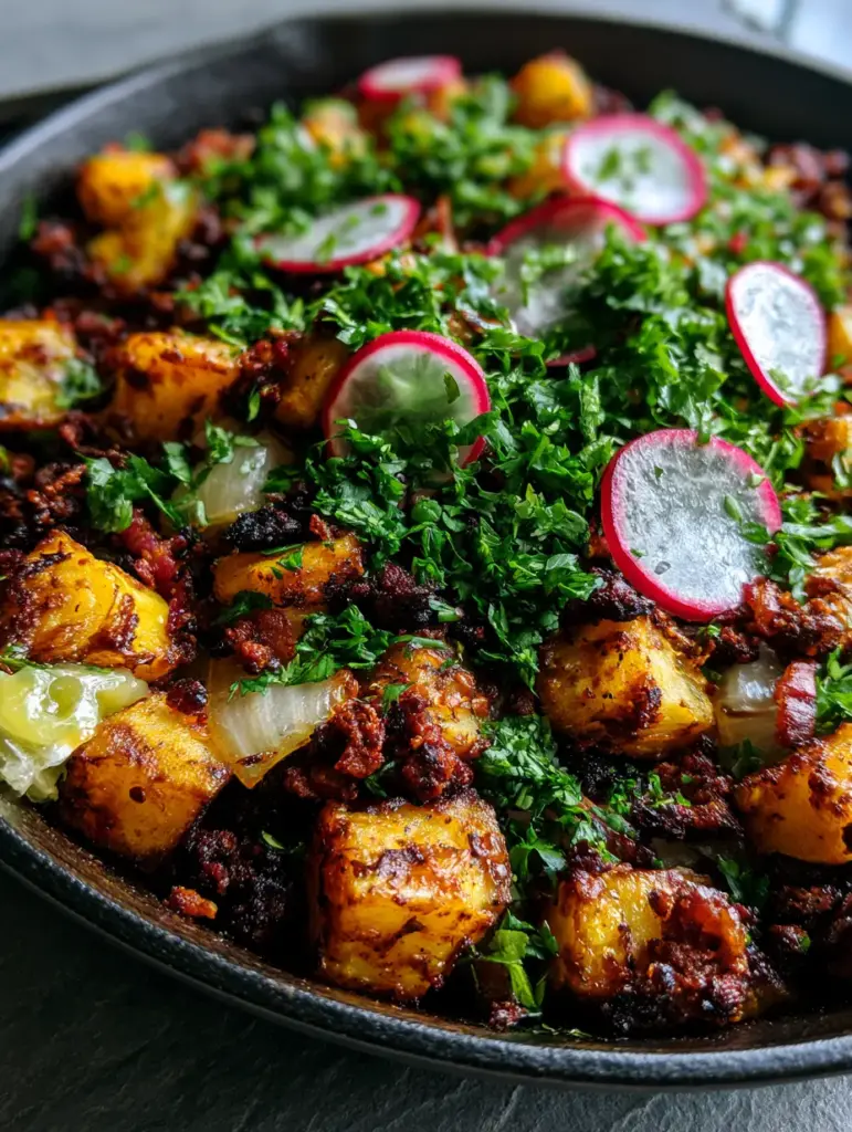 Papas con Chorizo: The Ultimate Crispy Mexican Potato and Sausage Recipe 1 Close up shot of thin radish slices and lime juice glistening on crispy potatoes and chorizo in a skillet.