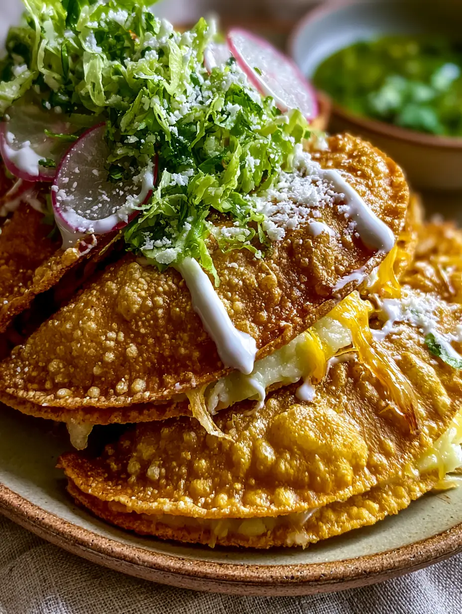 Extreme close up of bubbled corn tortilla texture on golden-brown tacos dorados. (tacos dorados)
