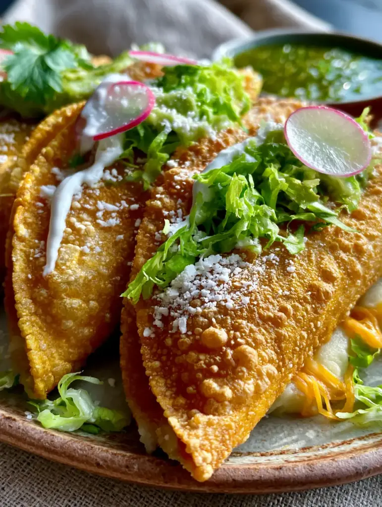 Tacos dorados stacked on a plate with visible melted Oaxaca cheese and fresh toppings.