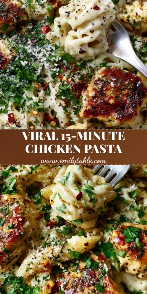 A close-up shot of Chicken Pasta in a rustic bowl featuring golden chicken and parmesan ribbons.