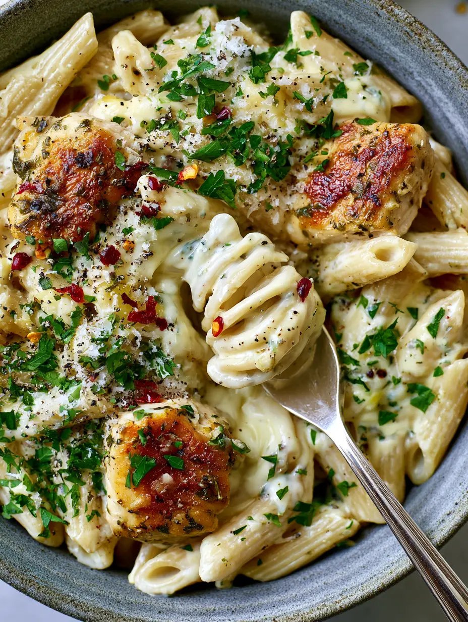 Top-down macro shot of Chicken Pasta in a rustic grey stoneware bowl with glossy ivory sauce.