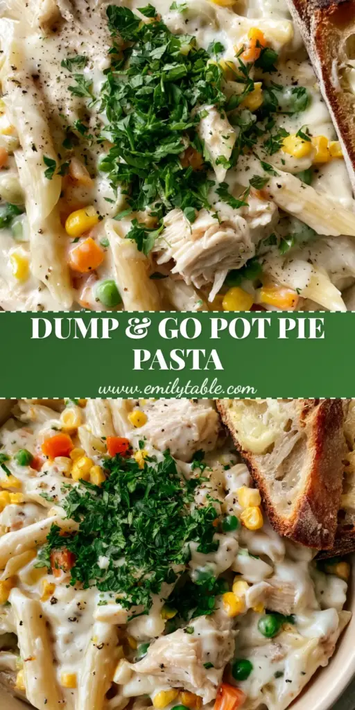 A shallow matte cream bowl of Crock Pot Chicken Pot Pie Pasta with thick pulled chicken, vibrant peas, and carrots, served with buttered sourdough toast.