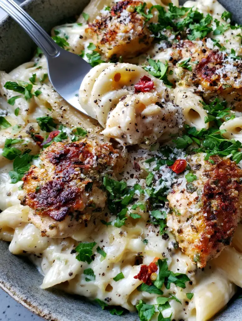 A silver fork lifting a swirl of Chicken Pasta showing the stretch of melted parmesan ribbons.