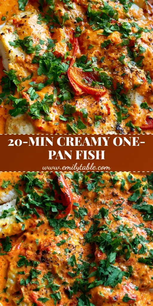 A rustic dark grey skillet featuring flaky tilapia in roasted pepper sauce garnished with parsley and cracked pepper.