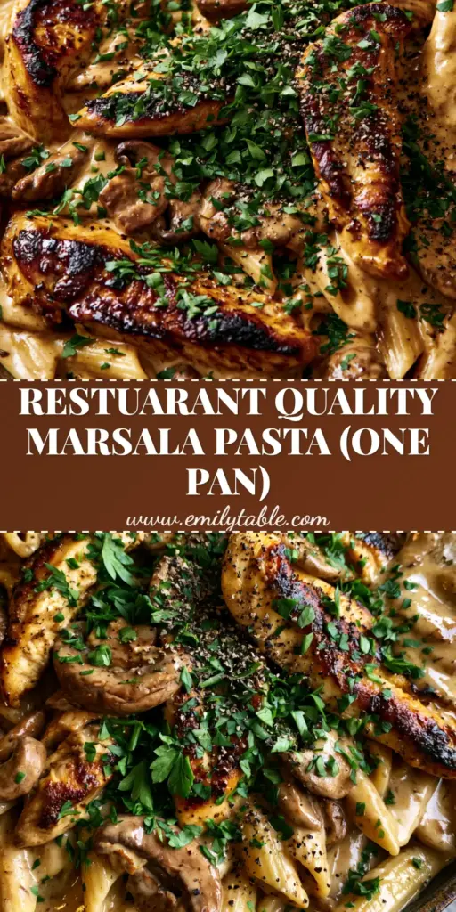Chicken Marsala Pasta: The Ultimate Creamy Skillet Recipe 4 A top-down view of a rustic cast-iron skillet filled with creamy chicken marsala pasta, garnished with parsley and black pepper. (chicken marsala pasta)