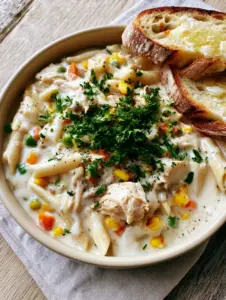 High-angle view of glossy Crock Pot Chicken Pot Pie Pasta showing velvety cream sauce and cracked black pepper flecks.