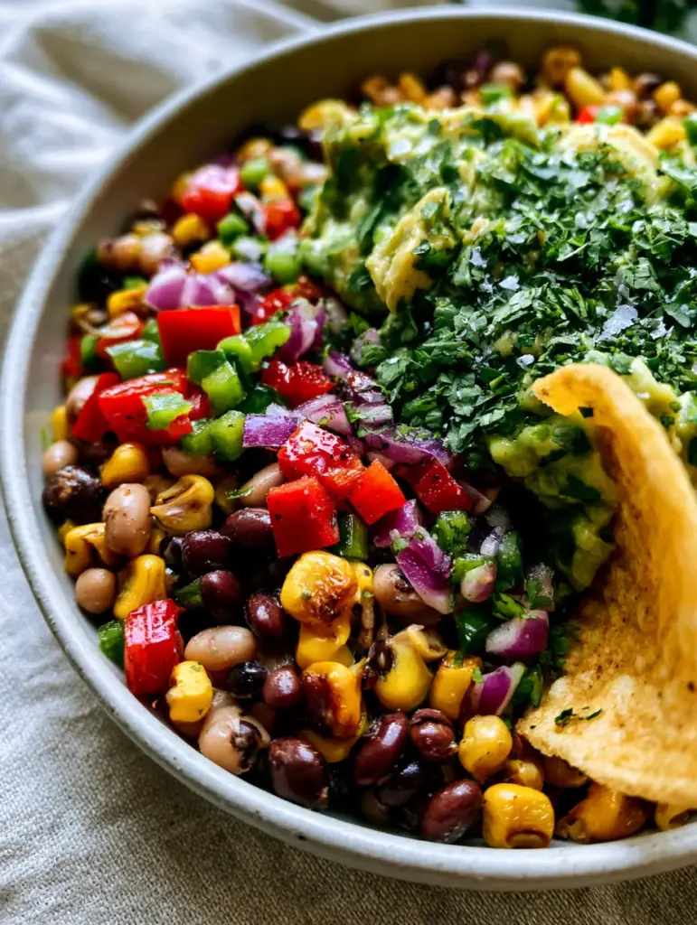 A shallow white bowl of cowboy caviar showing precisely diced red and green peppers with a lime-cilantro vinaigrette.