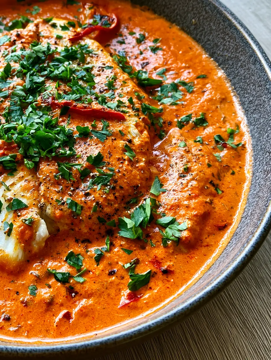 Top-down view of tilapia in roasted pepper sauce with vibrant orange cream and golden seared fish edges.