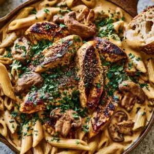 Close-up of golden-seared chicken strips and penne in a velvety Marsala sauce with sourdough bread. (chicken marsala pasta)