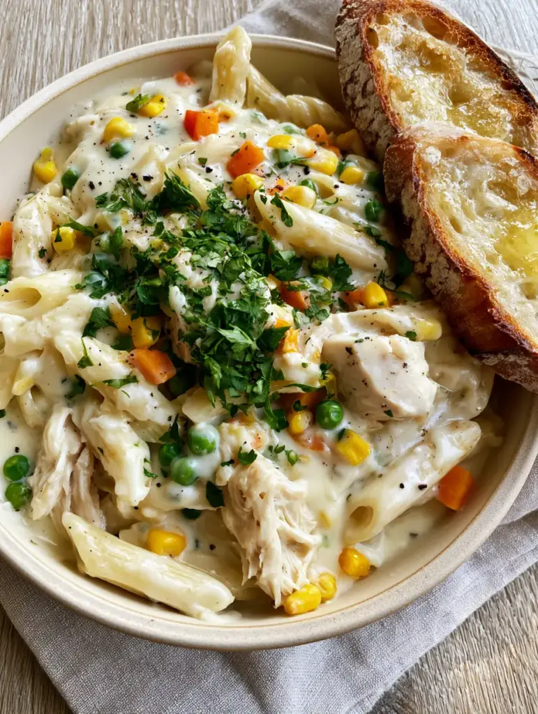 Close up of thick chunks of pulled chicken and vibrant orange carrots in a bowl of chicken pot pie pasta.