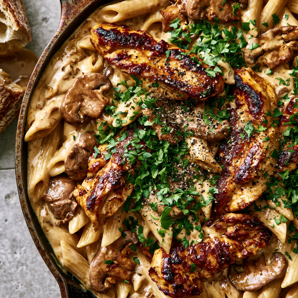 Chicken Marsala Pasta: The Ultimate Creamy Skillet Recipe 1 An angled top-down shot of chicken marsala pasta in a cast iron pan with fresh parsley garnish.