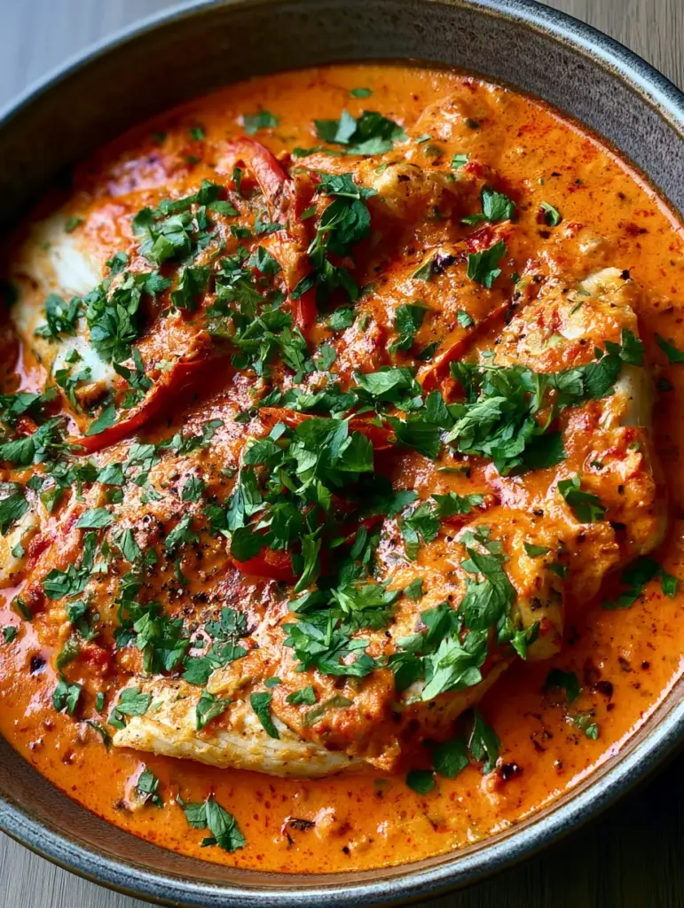 Angled photo of tilapia in roasted pepper sauce in a ceramic pan with natural morning lighting.