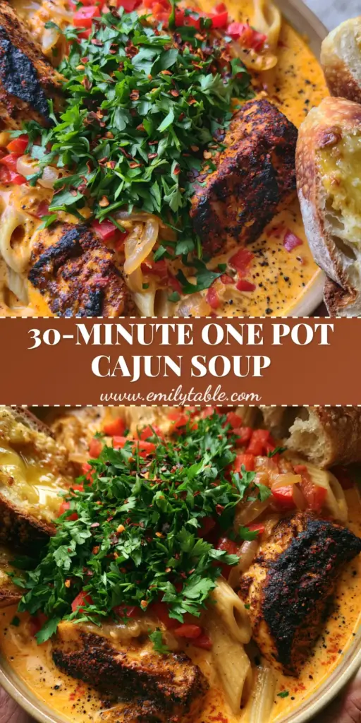Cajun Chicken Pasta Soup: The Creamiest One-Pot Comfort Meal 4 A handheld smartphone photo of a deep ceramic bowl filled with vibrant orange Cajun chicken pasta soup and sourdough bread. (cajun chicken pasta soup)