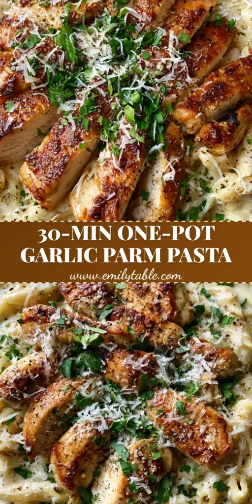 A top-down view of Garlic Parmesan chicken penne in a black cast iron skillet featuring golden-brown chicken and ivory sauce.