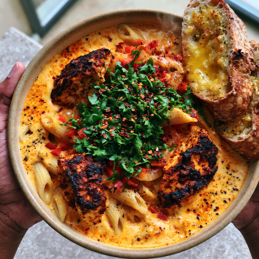 Cajun Chicken Pasta Soup: The Creamiest One-Pot Comfort Meal 2 Close up of charred cajun chicken chunks submerged in a thick orange cream sauce. (cajun chicken pasta soup)