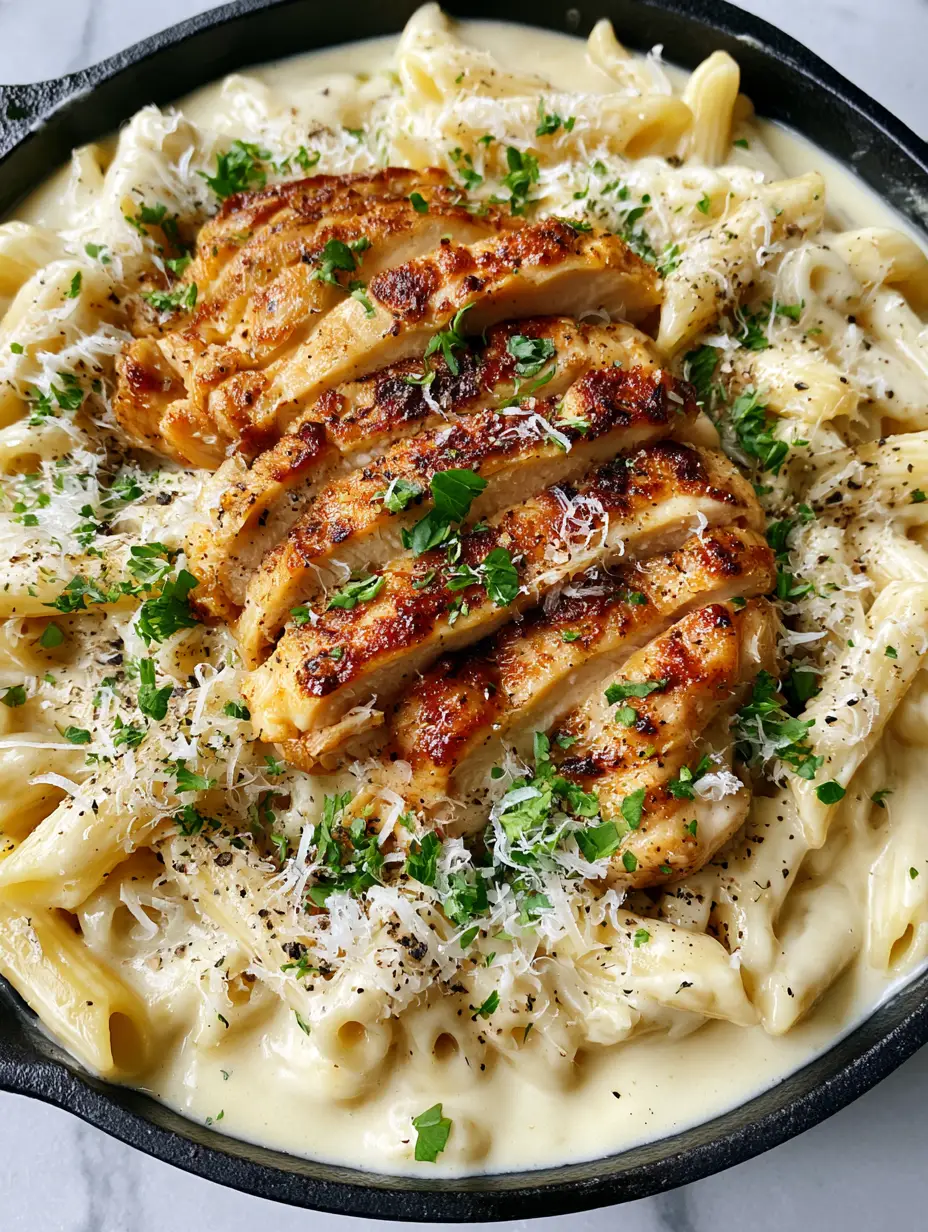 Close up photo of Garlic Parmesan chicken penne showing the thick ivory cream sauce and wisps of parmesan cheese.