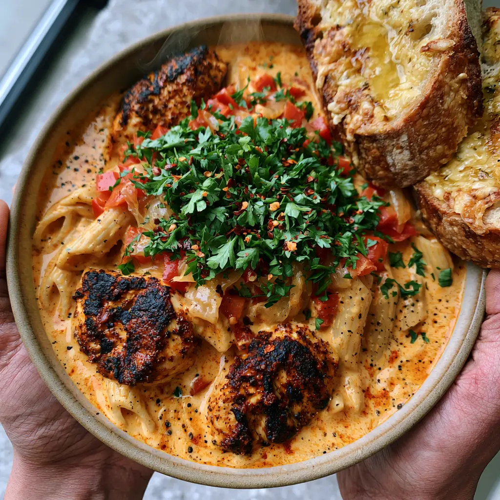 Cajun Chicken Pasta Soup: The Creamiest One-Pot Comfort Meal 1 A steaming bowl of cajun chicken pasta soup garnished with bright green parsley and red pepper flakes.