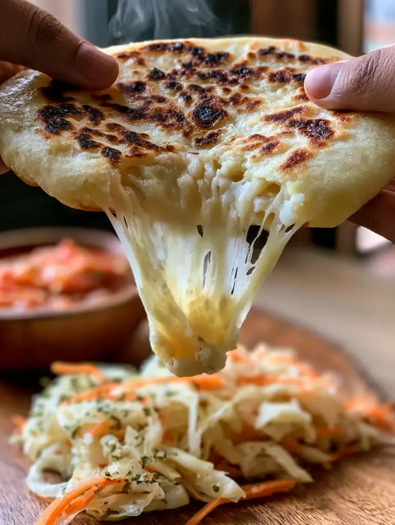Close up of smooth masa dough with charred spots and rising steam from a pupusa. (pupusas recipe)