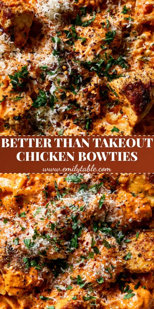 A top-down photo of Parmesan Red Pepper Chicken Bowties garnished with a cloud of snowy parmesan and fresh basil in a rustic ceramic bowl.