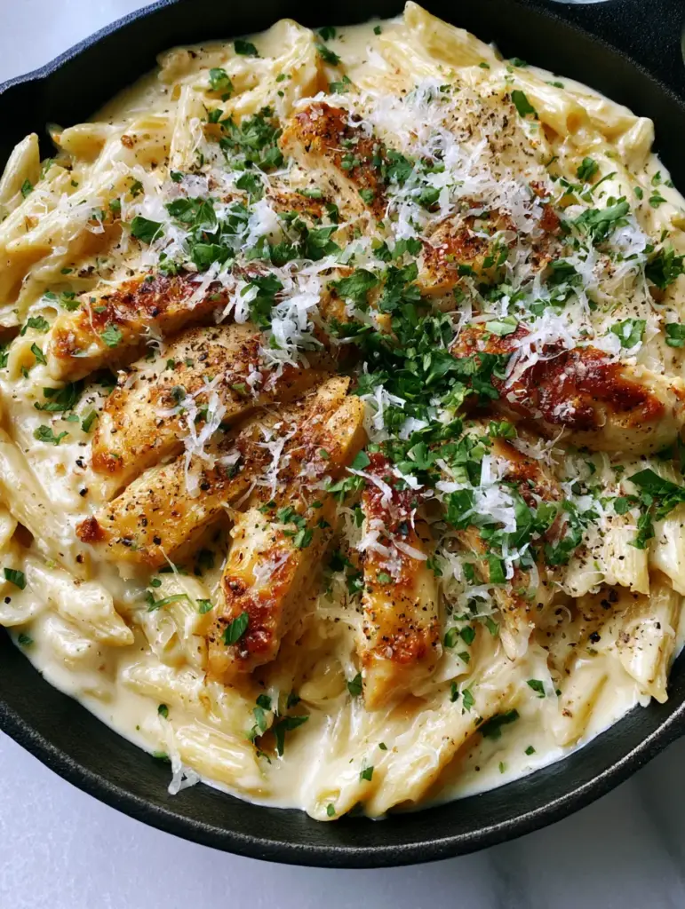 Succulent golden-brown seared chicken slices resting on a bed of al dente penne in a cast iron pan.