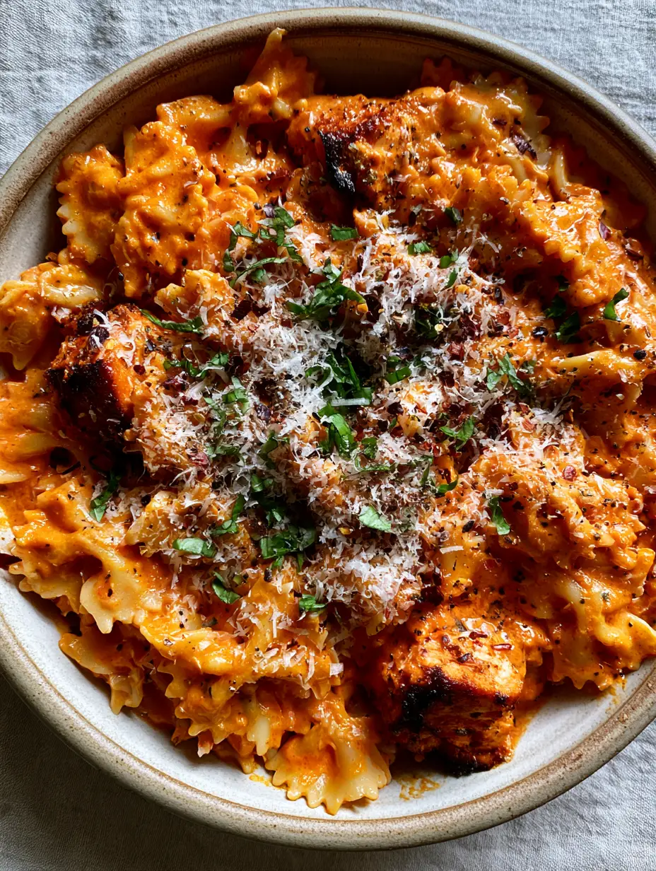 Close-up of golden seared chicken and al dente farfalle pasta coated in a vibrant orange-red roasted pepper sauce. (Parmesan Red Pepper Chicken Bowties)
