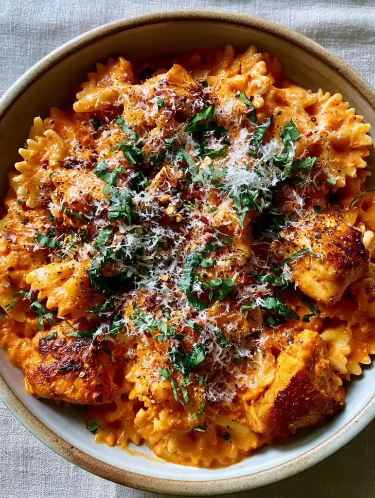 A rustic bowl of Parmesan Red Pepper Chicken Bowties steaming under soft window light with fresh emerald basil.