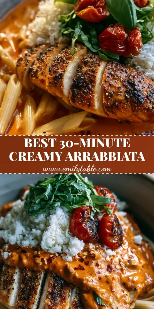 A rustic grey bowl filled with Creamy Chicken all'Arrabbiata featuring penne, pan-seared chicken, and charred tomatoes.
