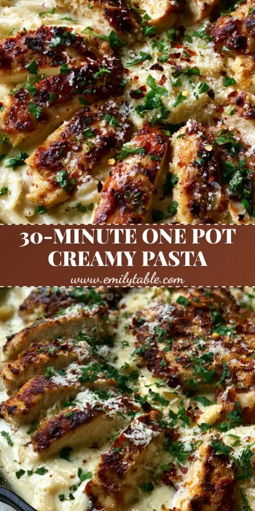 A rustic cast iron skillet filled with Creamy Chicken Penne in a glossy ivory sauce, topped with seared chicken, parsley, and chili flakes.