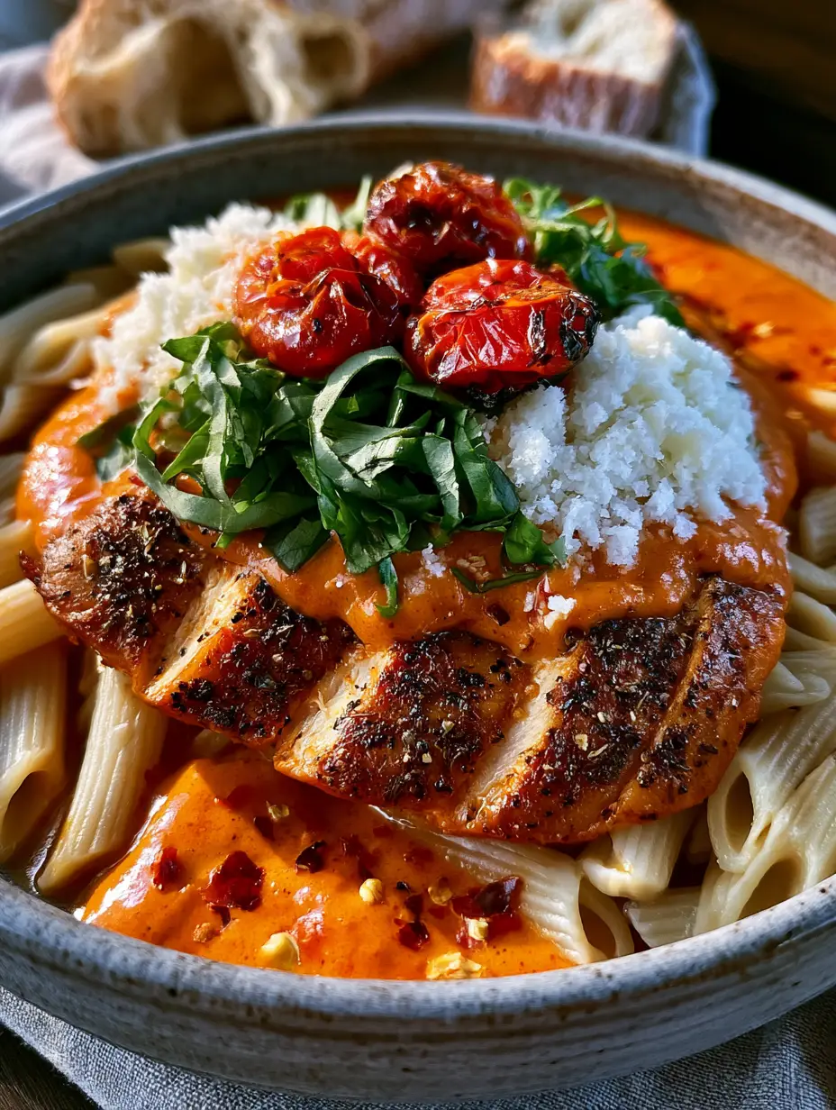 Top-down view of Creamy Chicken all'Arrabbiata in a grey ceramic bowl with golden-brown chicken and basil.