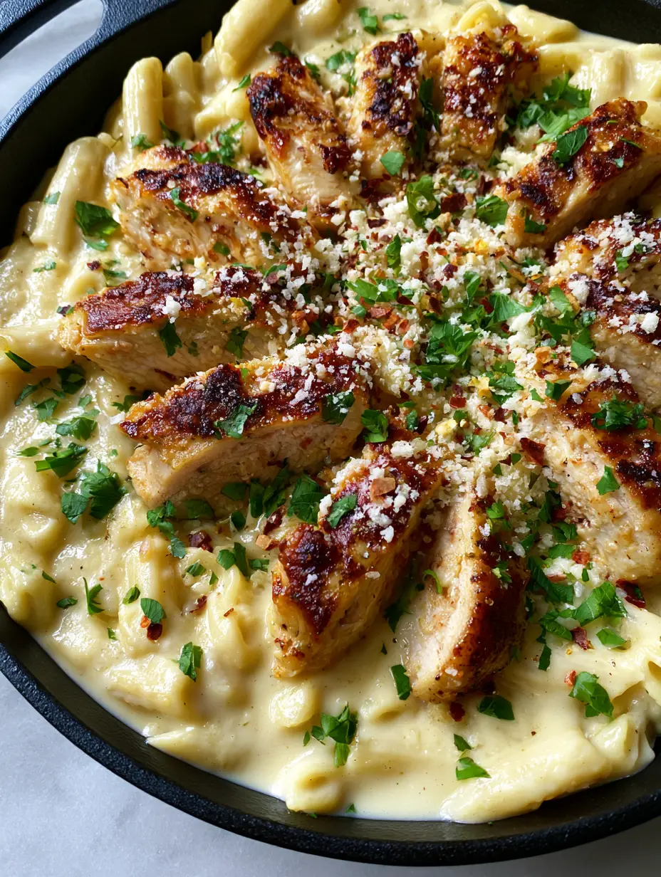 Close-up of Creamy Chicken Penne showing the glistening garlic parmesan sauce and charred chicken edges.