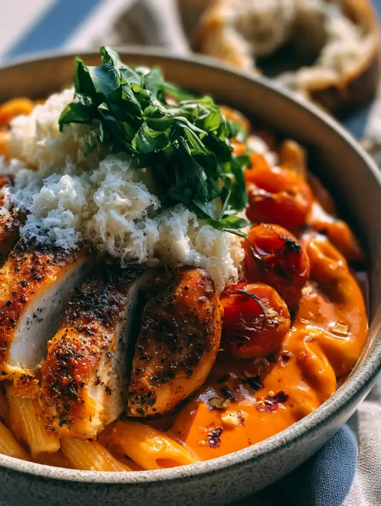 Creamy Chicken all'Arrabbiata served with toasted sourdough bread on a linen napkin.